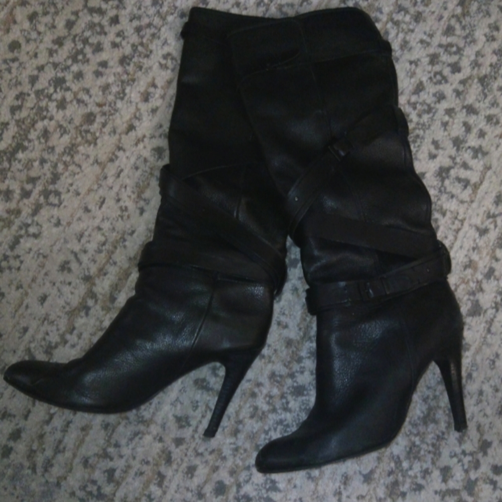 Moto Chic Rosegold Strappy Italian Leather Knee High Boot in Black Sz 10 - Picture 3 of 10